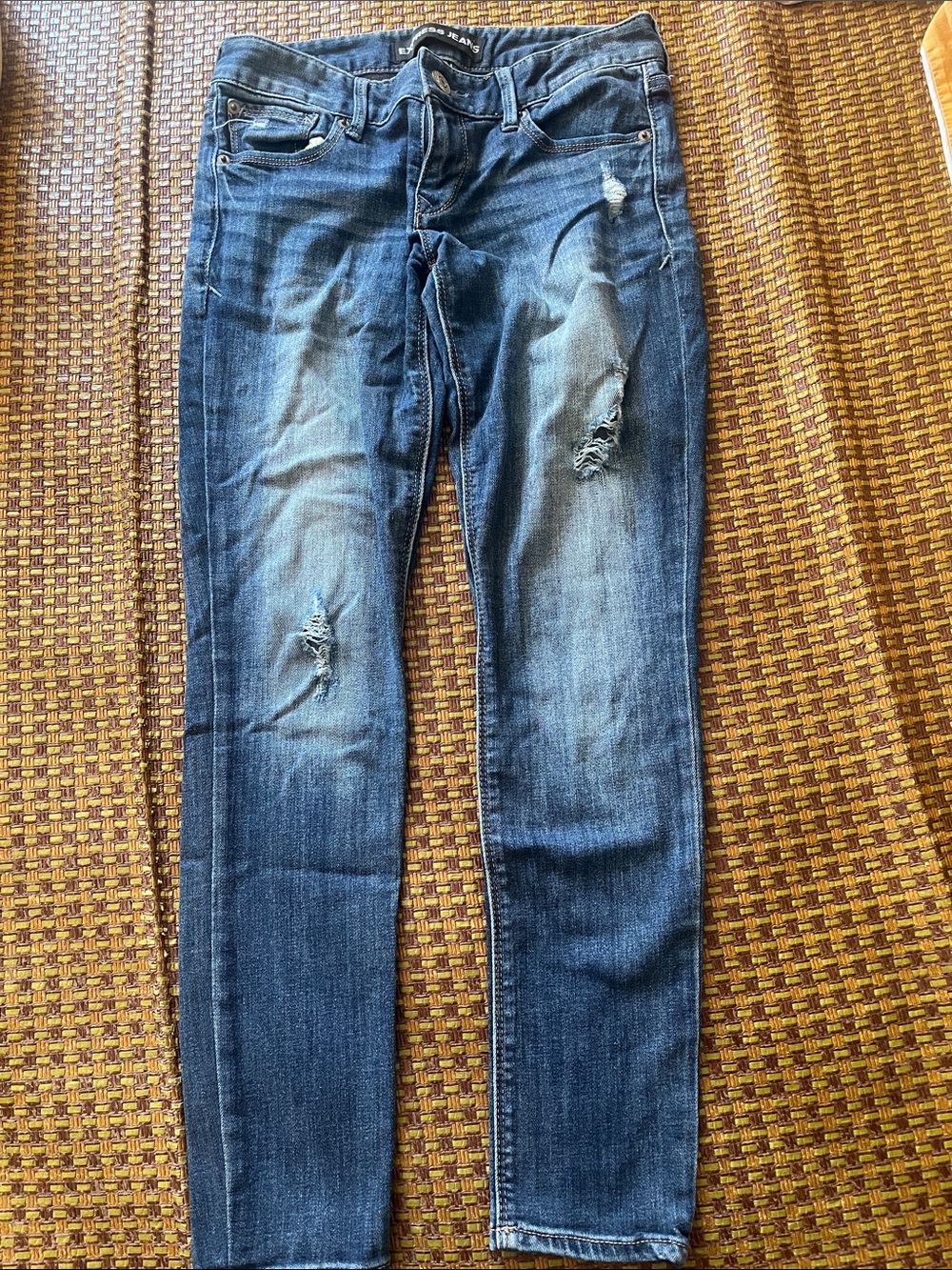 Express Women's Skinny Jeans in Dark Blue with Distressed Detail